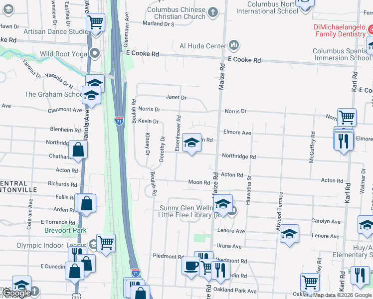 map of restaurants, bars, coffee shops, grocery stores, and more near 3716 Eisenhower Road in Columbus