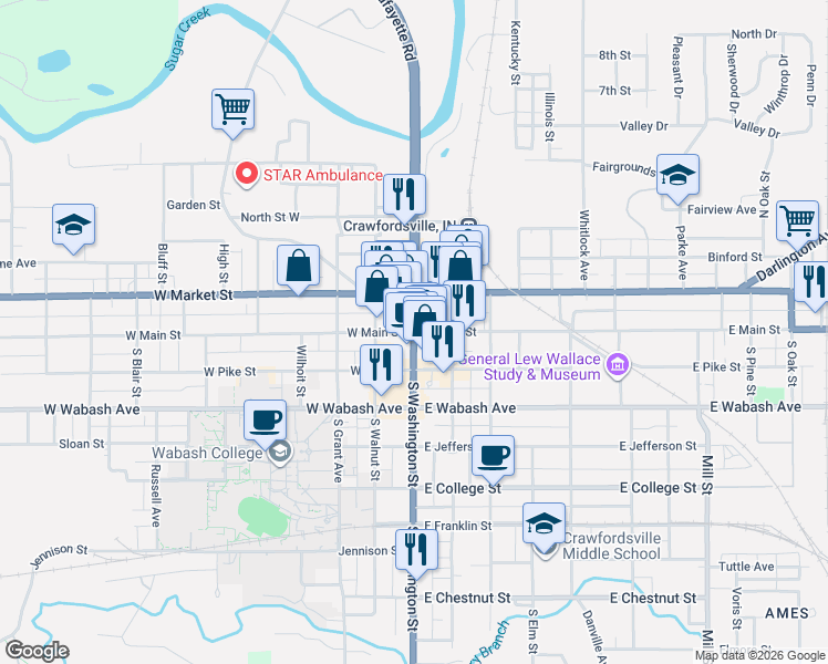 map of restaurants, bars, coffee shops, grocery stores, and more near 122 South Washington Street in Crawfordsville