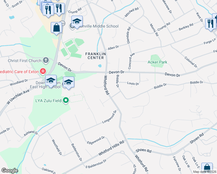map of restaurants, bars, coffee shops, grocery stores, and more near 512 North Whitford Road in Exton