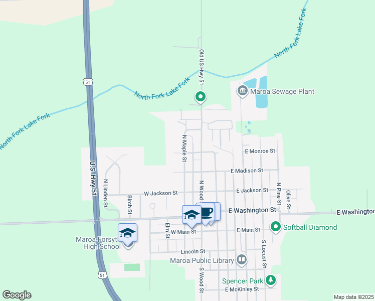 map of restaurants, bars, coffee shops, grocery stores, and more near 500 North Maple Street in Maroa