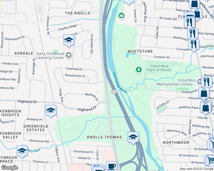 map of restaurants, bars, coffee shops, grocery stores, and more near Olentangy River Road in Columbus