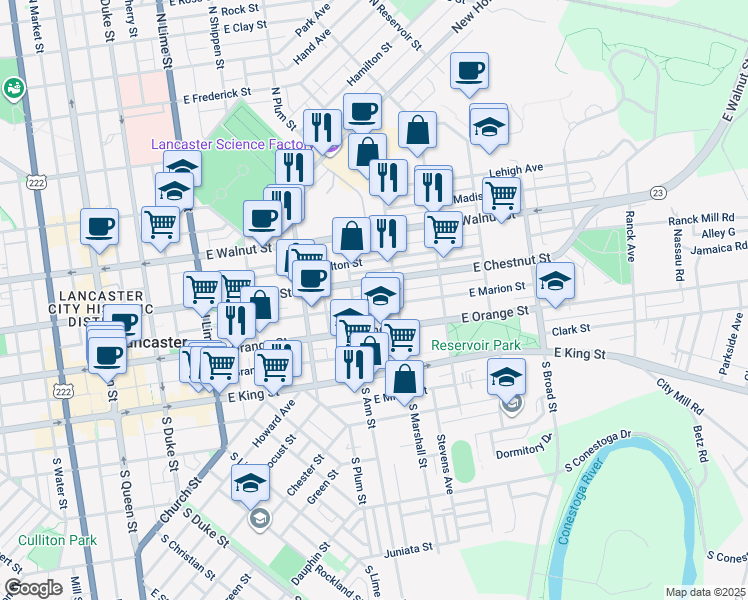 map of restaurants, bars, coffee shops, grocery stores, and more near 523 East Marion Street in Lancaster