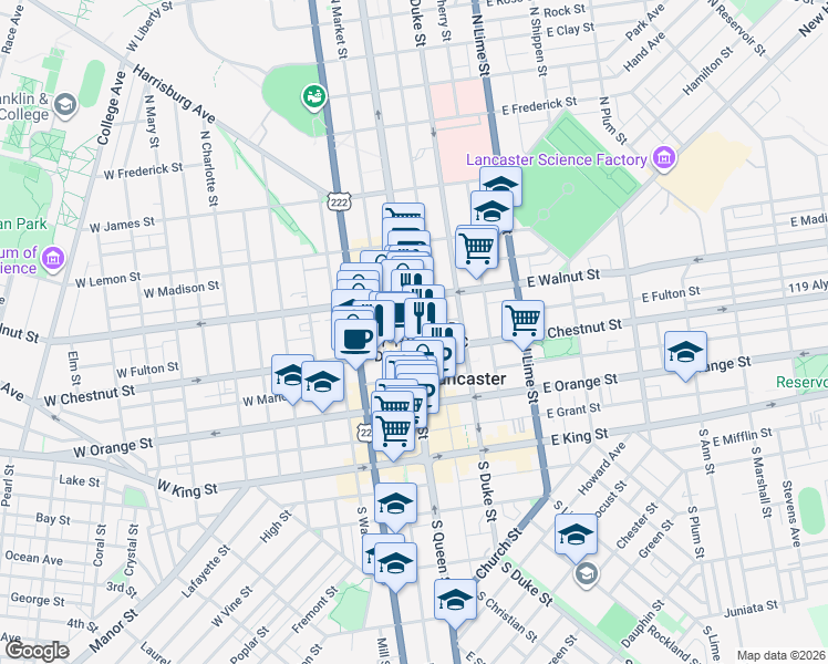 map of restaurants, bars, coffee shops, grocery stores, and more near 150 North Queen Street in Lancaster
