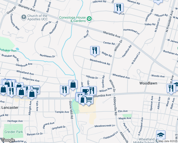map of restaurants, bars, coffee shops, grocery stores, and more near 1302 Wheatland Avenue in Lancaster