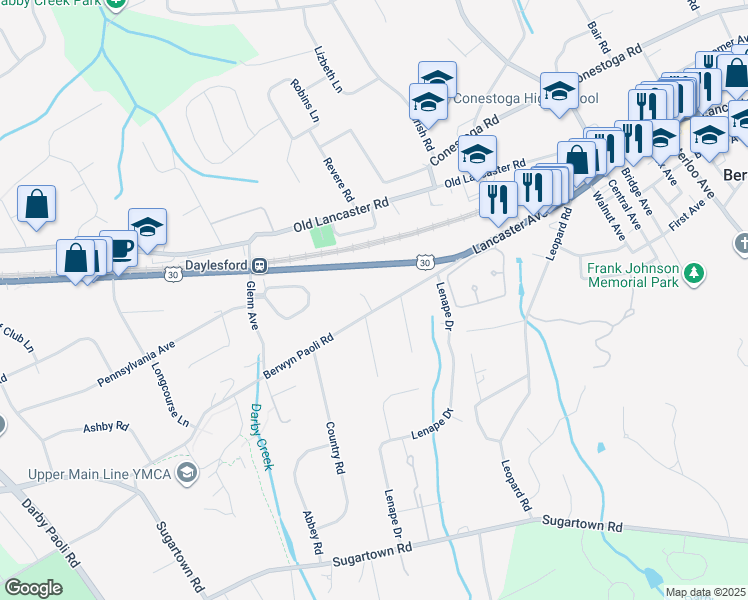 map of restaurants, bars, coffee shops, grocery stores, and more near 1247 Berwyn Paoli Road in Berwyn
