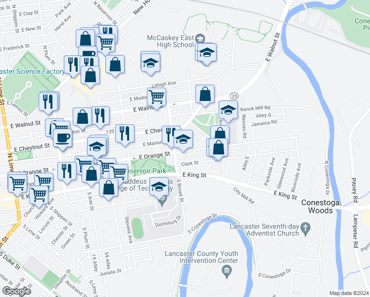map of restaurants, bars, coffee shops, grocery stores, and more near 921 East Orange Street in Lancaster