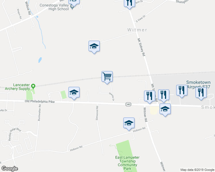 map of restaurants, bars, coffee shops, grocery stores, and more near Pigtail Alley in Lancaster