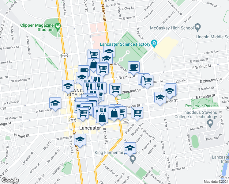 map of restaurants, bars, coffee shops, grocery stores, and more near 157 East Chestnut Street in Lancaster