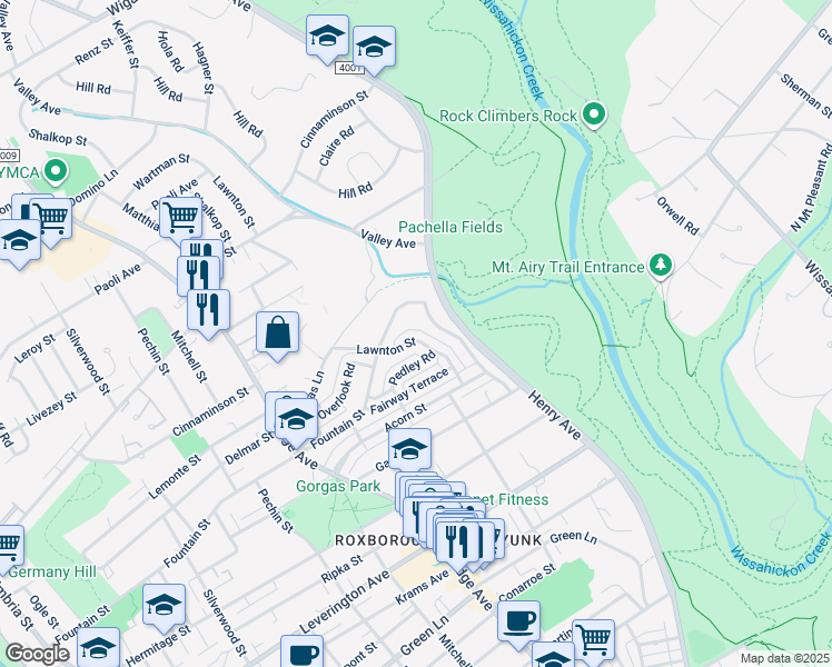 map of restaurants, bars, coffee shops, grocery stores, and more near 6465 Lawnton Street in Philadelphia