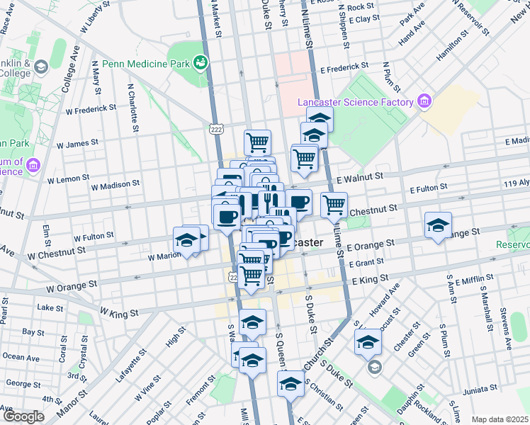 map of restaurants, bars, coffee shops, grocery stores, and more near 217 North Queen Street in Lancaster
