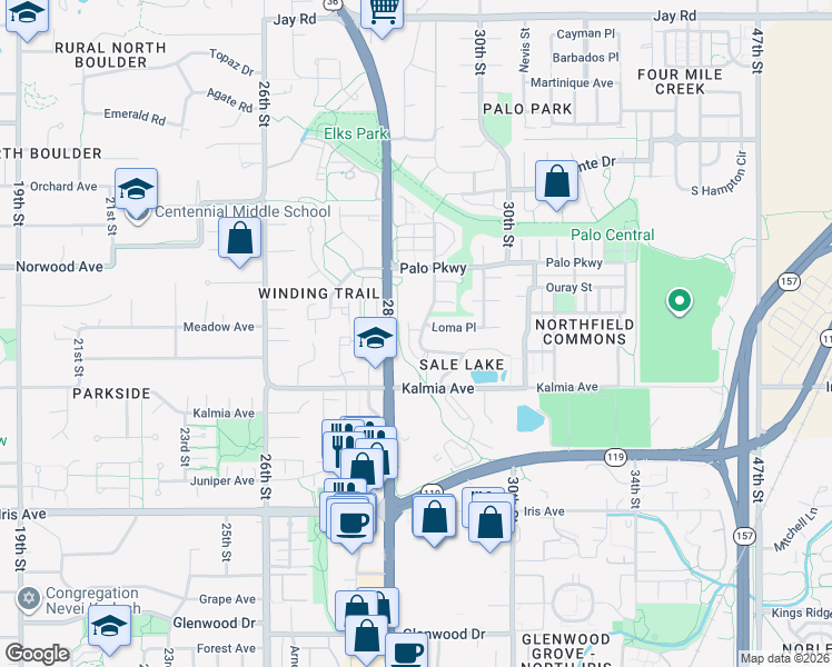 map of restaurants, bars, coffee shops, grocery stores, and more near 3689 Paseo del Prado in Boulder