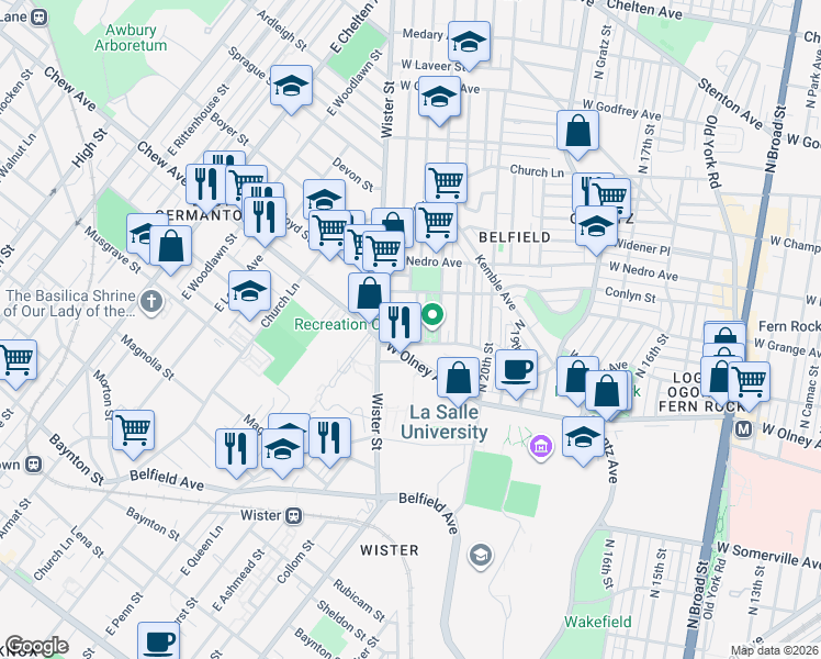 map of restaurants, bars, coffee shops, grocery stores, and more near 2145 Elkins Avenue in Philadelphia