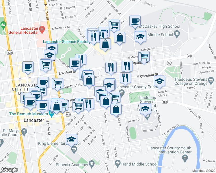 map of restaurants, bars, coffee shops, grocery stores, and more near 527 East Marion Street in Lancaster