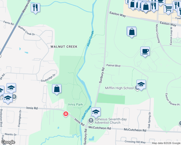 map of restaurants, bars, coffee shops, grocery stores, and more near 3931 Sunbury Road in Columbus