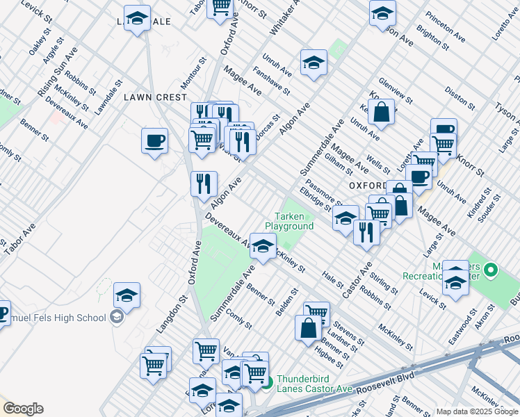 map of restaurants, bars, coffee shops, grocery stores, and more near 6302 Trotter Street in Philadelphia