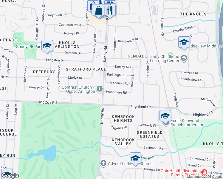 map of restaurants, bars, coffee shops, grocery stores, and more near 1095 Woodmere Road in Columbus