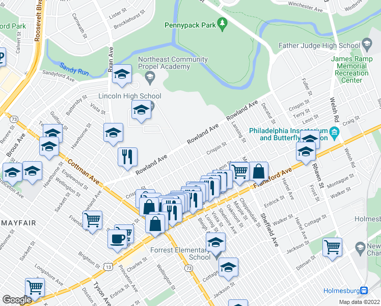 map of restaurants, bars, coffee shops, grocery stores, and more near 3321 Shelmire Avenue in Philadelphia