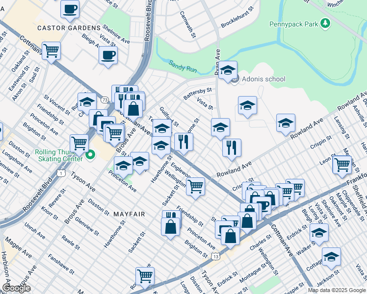 map of restaurants, bars, coffee shops, grocery stores, and more near 3106 Teesdale Street in Philadelphia