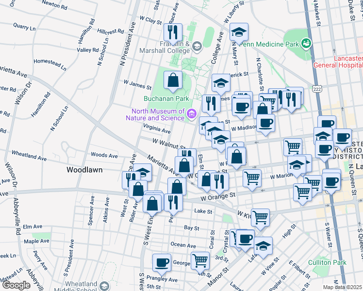 map of restaurants, bars, coffee shops, grocery stores, and more near 825 West Walnut Street in Lancaster