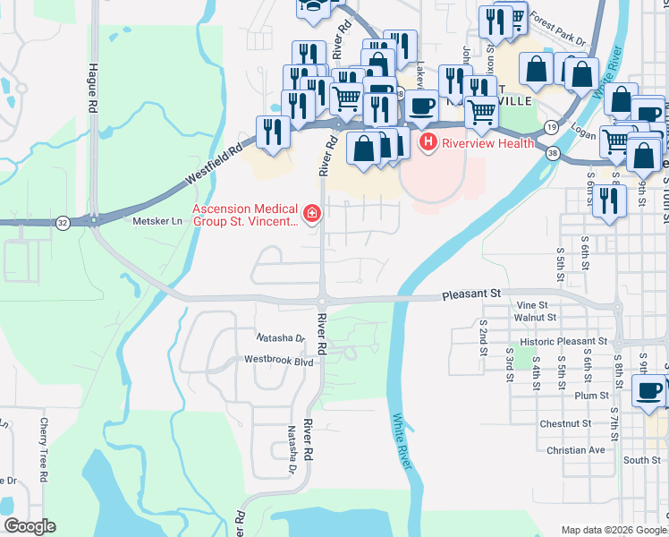 map of restaurants, bars, coffee shops, grocery stores, and more near 17434 Trailview Circle in Noblesville