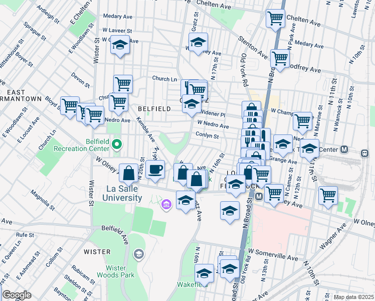 map of restaurants, bars, coffee shops, grocery stores, and more near 5733 Ogontz Avenue in Philadelphia