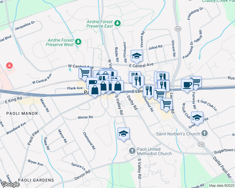 map of restaurants, bars, coffee shops, grocery stores, and more near 2 East Lancaster Avenue in Paoli
