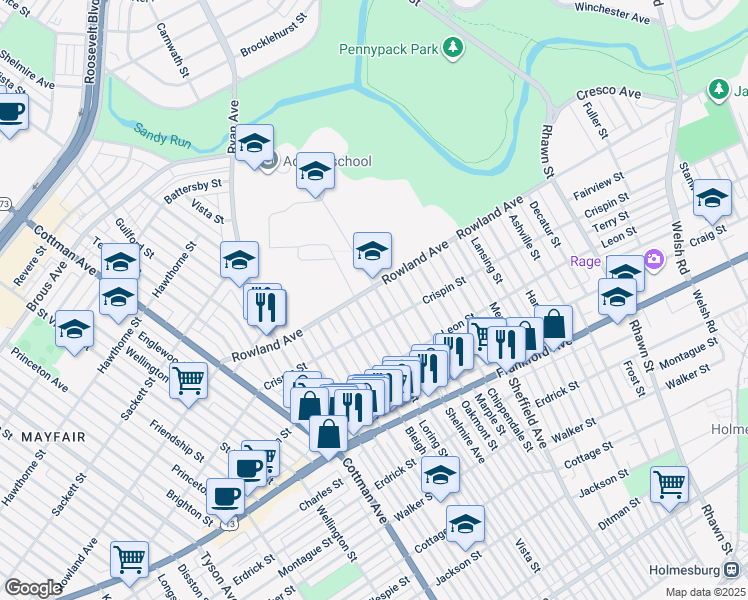map of restaurants, bars, coffee shops, grocery stores, and more near 3308 Shelmire Avenue in Philadelphia
