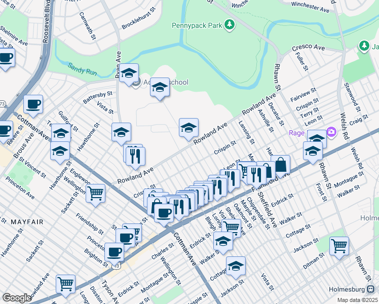 map of restaurants, bars, coffee shops, grocery stores, and more near 3308 Shelmire Avenue in Philadelphia