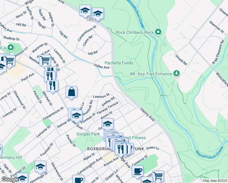map of restaurants, bars, coffee shops, grocery stores, and more near 6460 Henry Avenue in Philadelphia