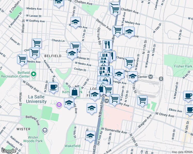 map of restaurants, bars, coffee shops, grocery stores, and more near 5813 North 15th Street in Philadelphia
