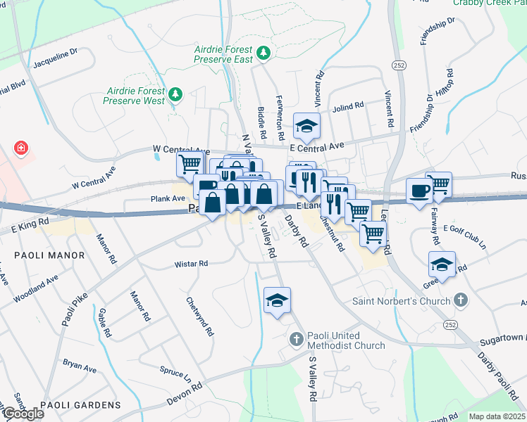 map of restaurants, bars, coffee shops, grocery stores, and more near in Paoli