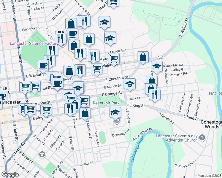 map of restaurants, bars, coffee shops, grocery stores, and more near 746 East Chestnut Street in Lancaster