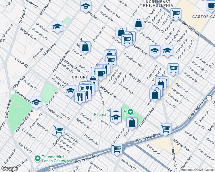 map of restaurants, bars, coffee shops, grocery stores, and more near 6650 Rutland Street in Philadelphia