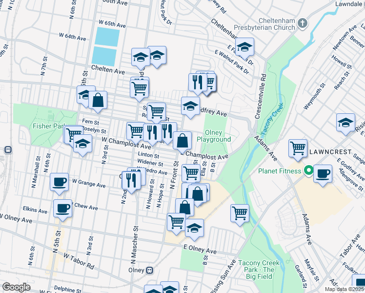 map of restaurants, bars, coffee shops, grocery stores, and more near 6011 North Front Street in Philadelphia