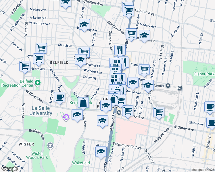 map of restaurants, bars, coffee shops, grocery stores, and more near 5813 North 15th Street in Philadelphia