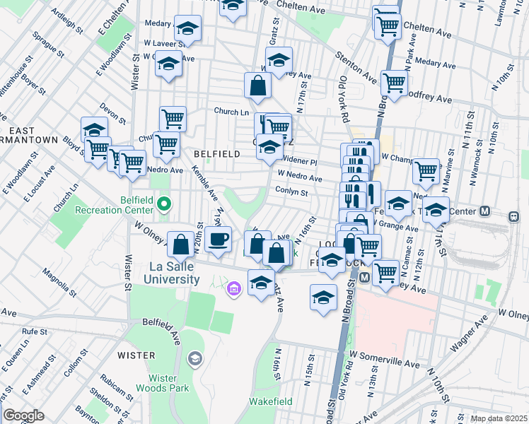 map of restaurants, bars, coffee shops, grocery stores, and more near 5733 Ogontz Avenue in Philadelphia