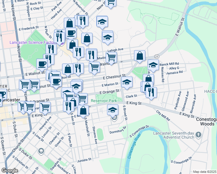 map of restaurants, bars, coffee shops, grocery stores, and more near 115 North Reservoir Street in Lancaster