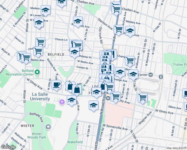 map of restaurants, bars, coffee shops, grocery stores, and more near 5811 North 16th Street in Philadelphia