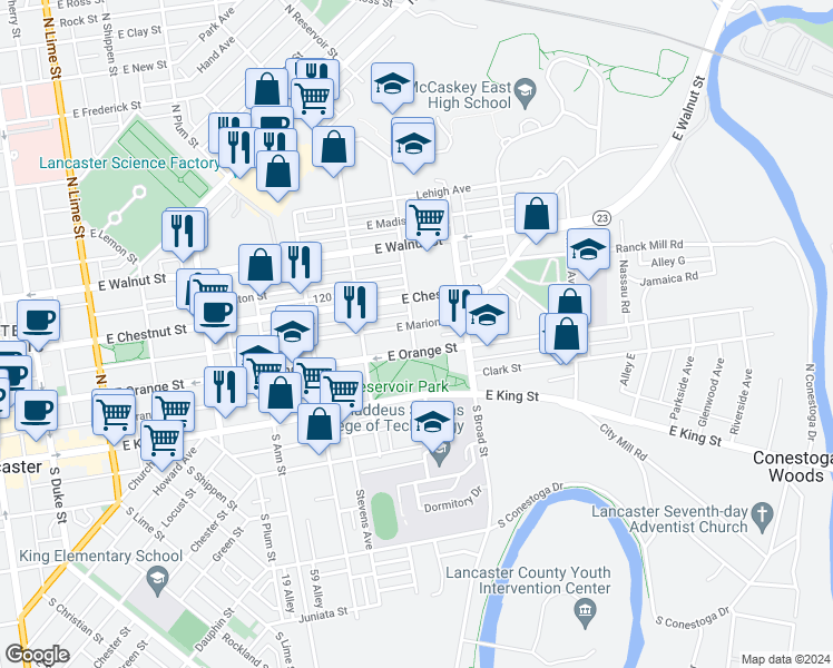 map of restaurants, bars, coffee shops, grocery stores, and more near 115 North Reservoir Street in Lancaster