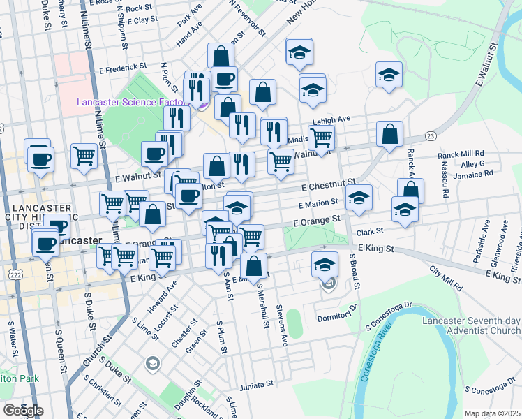 map of restaurants, bars, coffee shops, grocery stores, and more near 619 East Marion Street in Lancaster