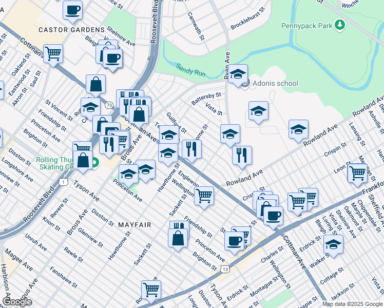 map of restaurants, bars, coffee shops, grocery stores, and more near 3106 Teesdale Street in Philadelphia