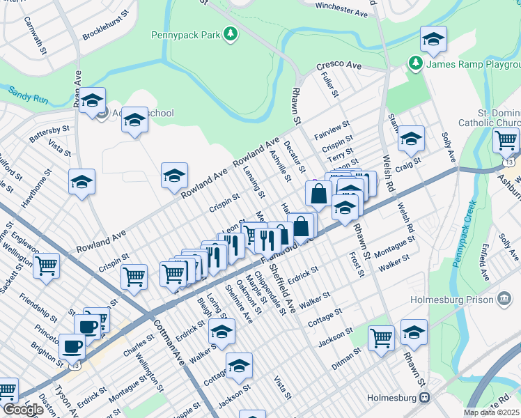 map of restaurants, bars, coffee shops, grocery stores, and more near 3437 Meridian Street in Philadelphia