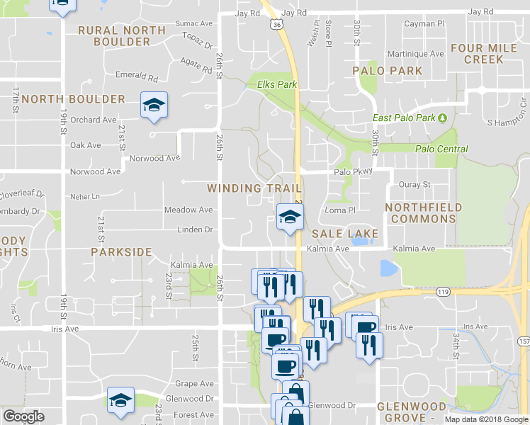 map of restaurants, bars, coffee shops, grocery stores, and more near 3685 Roundtree Court in Boulder
