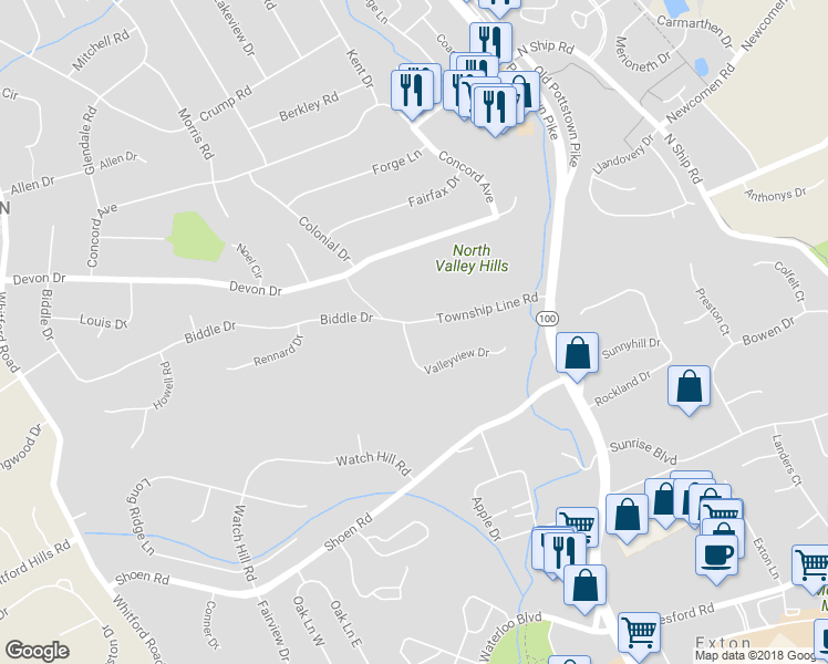map of restaurants, bars, coffee shops, grocery stores, and more near 124 Township Line Road in Exton