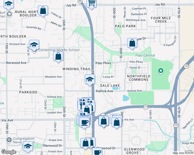 map of restaurants, bars, coffee shops, grocery stores, and more near 2800 Palo Parkway in Boulder