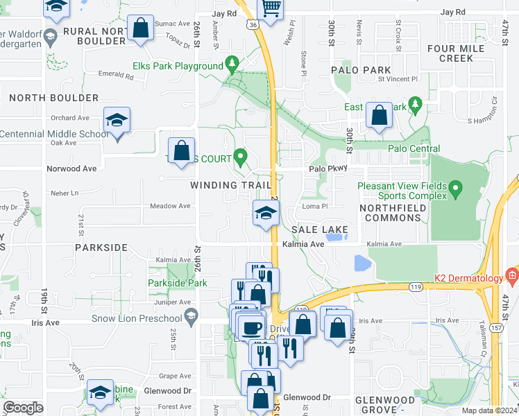 map of restaurants, bars, coffee shops, grocery stores, and more near 3740 Birchwood Drive in Boulder