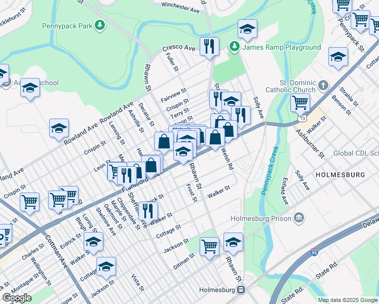 map of restaurants, bars, coffee shops, grocery stores, and more near 8012 Craig Street in Philadelphia