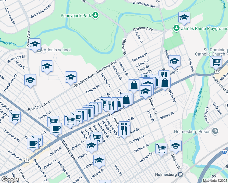 map of restaurants, bars, coffee shops, grocery stores, and more near 3428 Hartel Avenue in Philadelphia