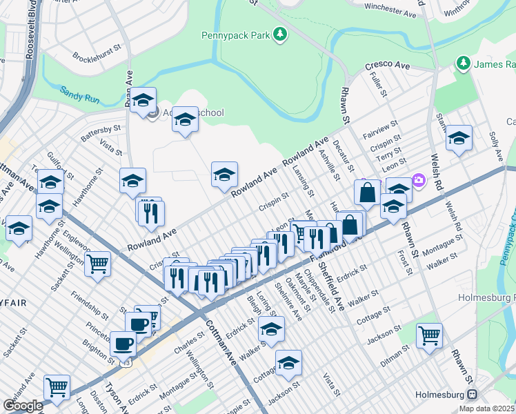 map of restaurants, bars, coffee shops, grocery stores, and more near 3310 Chippendale Street in Philadelphia