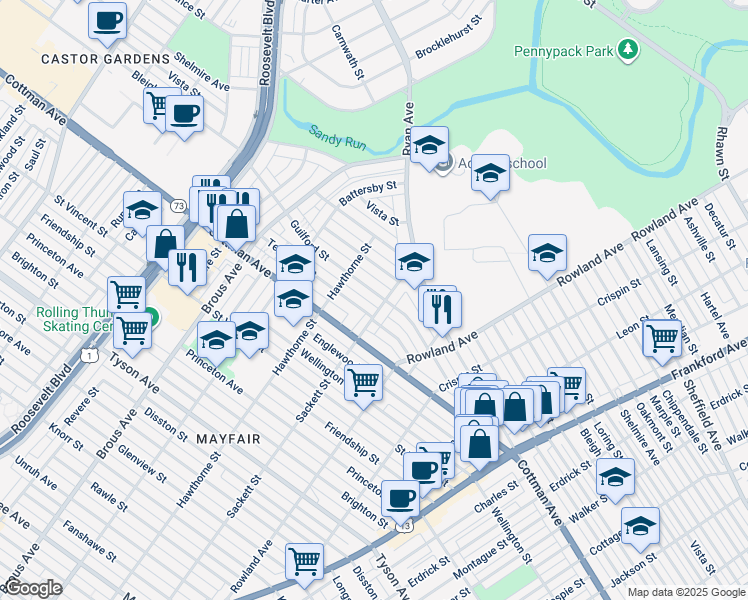 map of restaurants, bars, coffee shops, grocery stores, and more near 3132 Guilford Street in Philadelphia